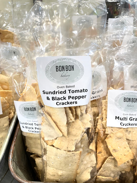 Locally made crackers sold in the market of Krause Berry Farms. Sun dried Tomato and Black pepper crackers made here in BC.